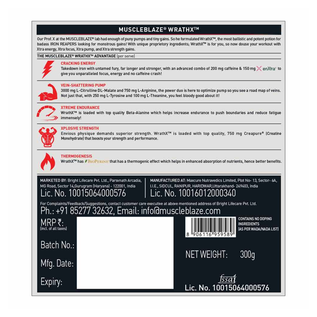 MB MuscleBlaze Pre Workout WrathX, 300 g (0.66 lb), Fruit Fury