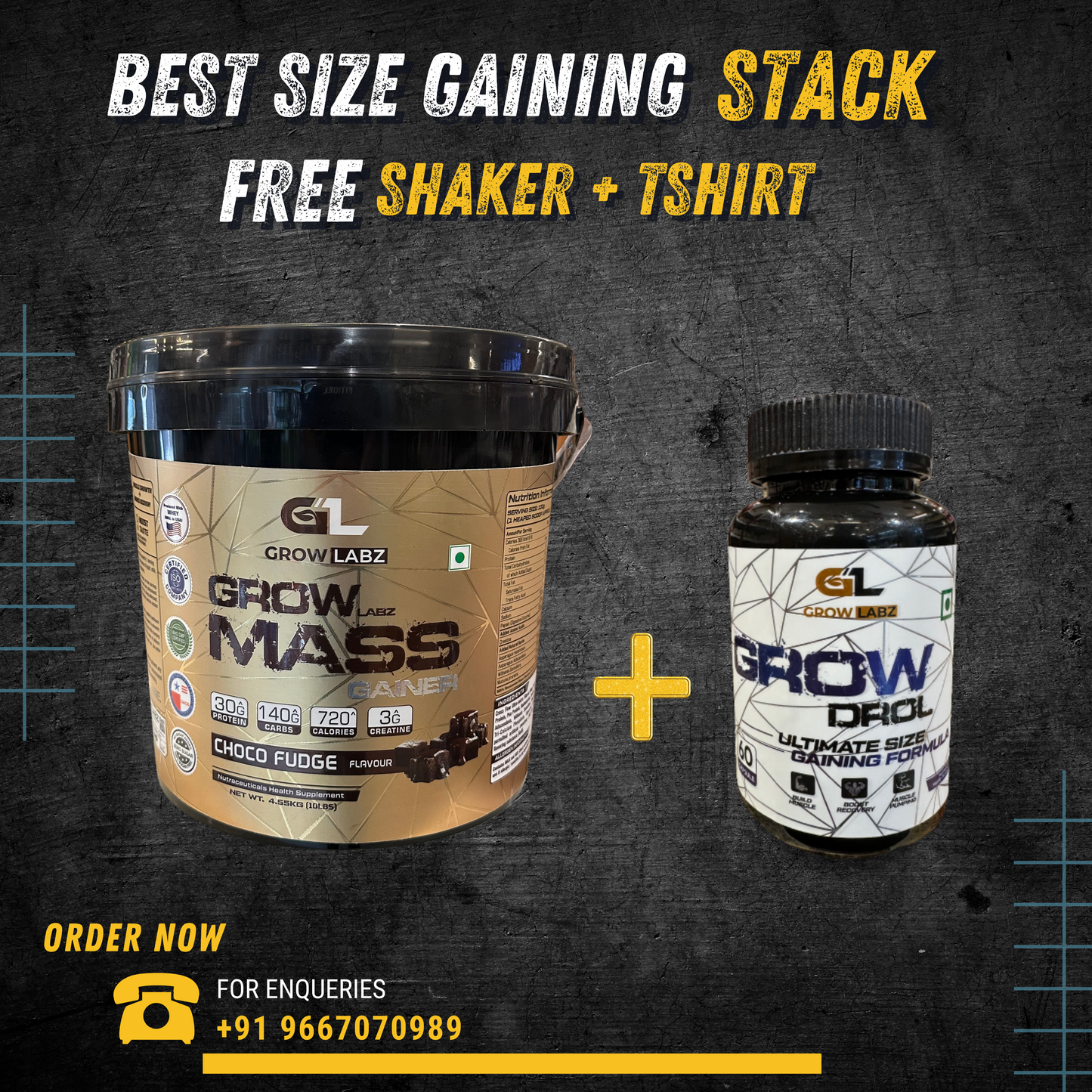 GROWLABZ GROW MASS GAINER + GROWDROL 10LB BEST SIZE GAINING STACK |